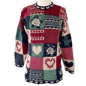 Vintage Crewneck Pullover Knit Sweater Floral Heart Patches Women Size XS Small